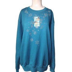 Morning Sun Chickadee Bird Mock Neck Sweatshirt Size L Studded Snowflake Winter